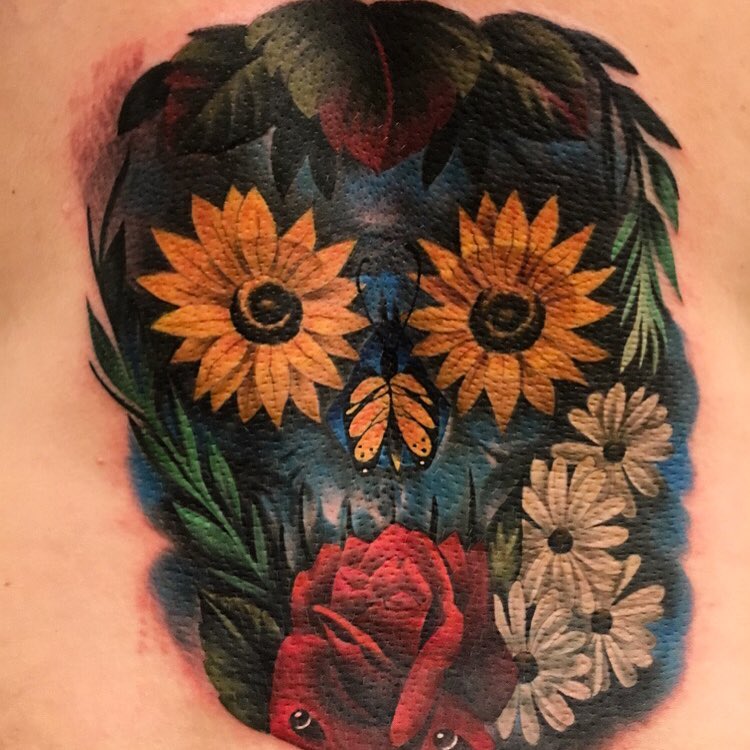 jonnie evil tattoo color flowers sunflower rose daisy