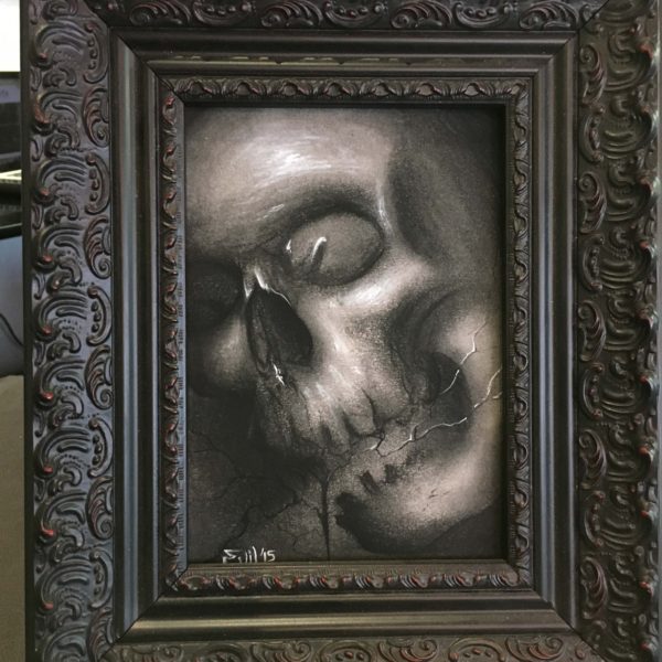 charcoal cracked skull original framed